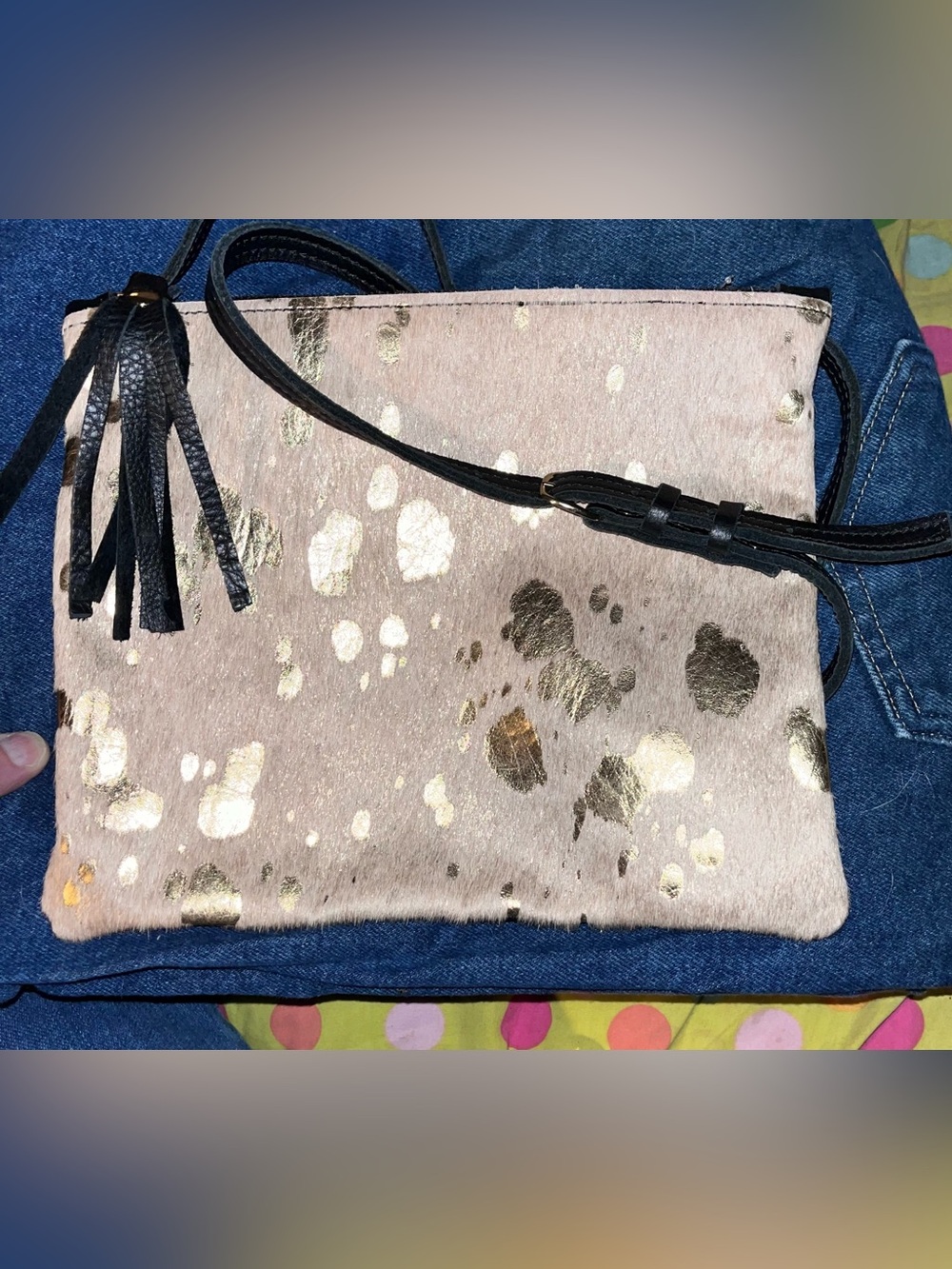 Beaudin Gold Spotted Beige Pony Hair Crossbody with Black Strap